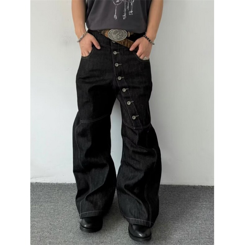 WE1614-P50美式辣妹错位排扣微喇牛仔裤女直筒显瘦弯刀，男装牛仔裤，电商B323A
