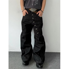 WE1614-P50美式辣妹错位排扣微喇牛仔裤女直筒显瘦弯刀，男装牛仔裤，电商B323A