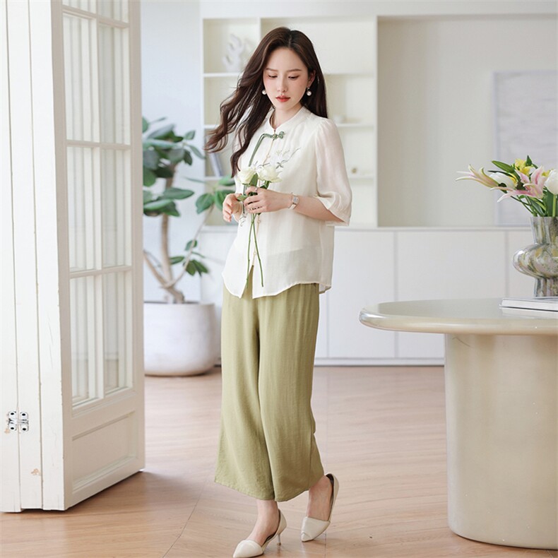 新中式妈妈夏装时尚短袖衬衫2024新款休闲女装搭配一整套两件套,女装套装/套裙,千千佰惠