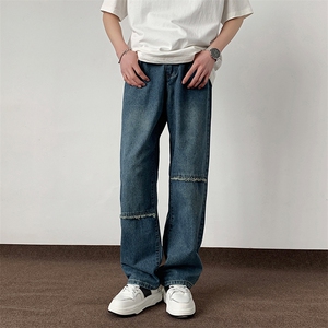美式设计感双色休闲牛仔裤男款春夏季高街宽松直筒长裤D995/p58图片