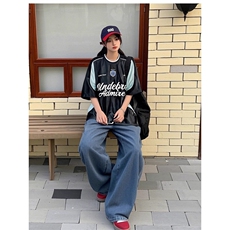 夏季美式复古拼接撞色字母印花短袖T恤男运动球衣机车骑行服上衣，男装T恤，星座516A