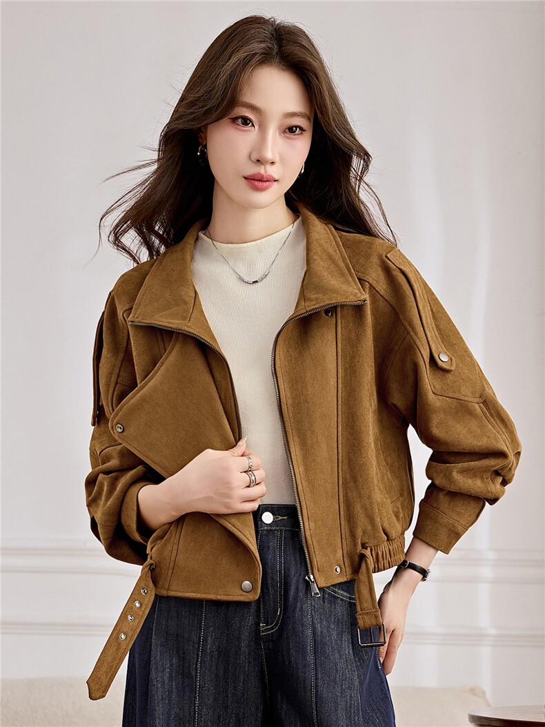 美拉德复古麂皮绒短款外套女棕色显瘦百搭小个子休闲夹克2026秋季,女装皮衣,江南女神