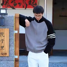 重磅秋冬北极绒开衫毛衣美式复古休闲慵懒风撞色立领针织衫外套，男装针织衫/毛衣，电商A486-1