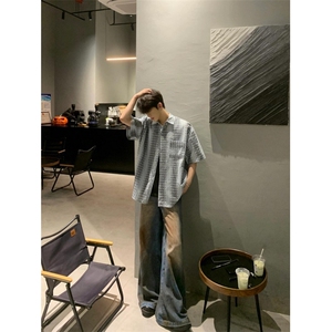 格子衬衫男长袖夏季薄款宽松寸衫港风休闲衬衣外套 C5014图片