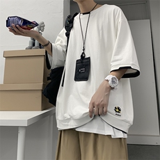 港风T恤宽松假两件刺绣纯色五分短袖棉XZ1213-T1-P30，男装T恤，星座1213