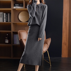 秋冬季羊毛POLO领上衣侧开衩H裙简约优雅套裙，女装套装/套裙，君贝羊绒
