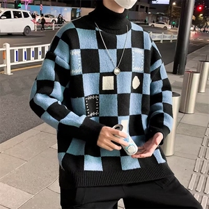 美式复古棋盘格高领毛衣男秋冬季ins潮牌宽松针织衫外套M25-P45图片