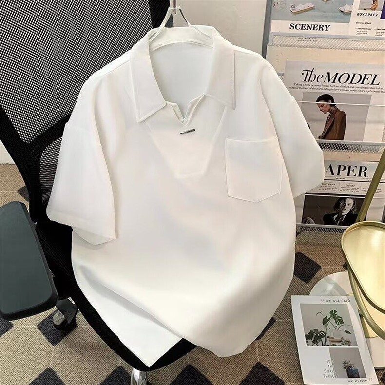 轻熟风v领假两件设计短袖polo衫男夏季韩版高级感衬衫式半袖上衣图片