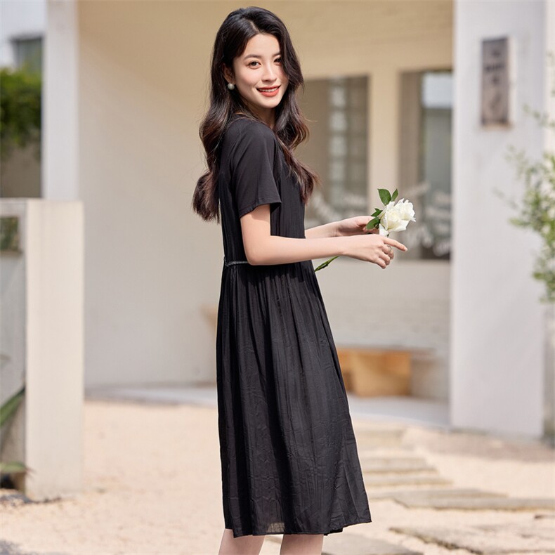 现货2024新款夏季新款时尚简约气质减龄休闲连衣裙,女装连衣裙,深水步
