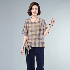 衬衫时尚百搭圆领短袖格子宽松2021年夏季，女装衬衫，独衣靓