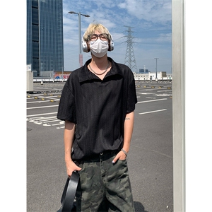 麦穗纹短袖T恤男生夏季薄款青少年潮牌宽松大码翻领五分中袖体恤图片