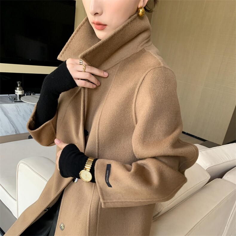 女士羊毛大衣羊毛长款保暖防风秋冬简约,女装双面呢大衣,赛欧妮