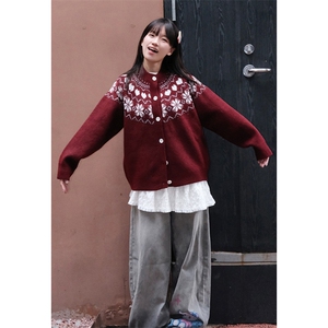 重磅秋冬装北极绒开衫毛衣美式复古休闲圣诞慵懒风提花针织衫外套图片