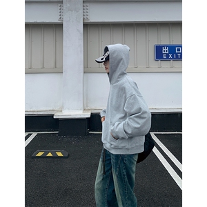 灰色cleanfit男生短款卫衣美式重磅连帽大帽衫廓形外套潮WY004P48图片