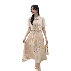现货复古夏季短袖新款连衣裙两件套套裙，女装套装/套裙，凯芙莉服饰
