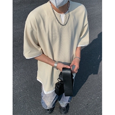 2026夏大码假两件华夫格五分短袖T恤潮流宽松T6601/特P25杏色3，男装T恤，电商A094