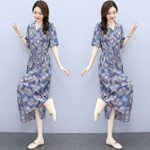 2021夏季时尚简约大方气质优雅收腰显瘦性感V领潮流印花连衣裙，女装连衣裙，一安秀