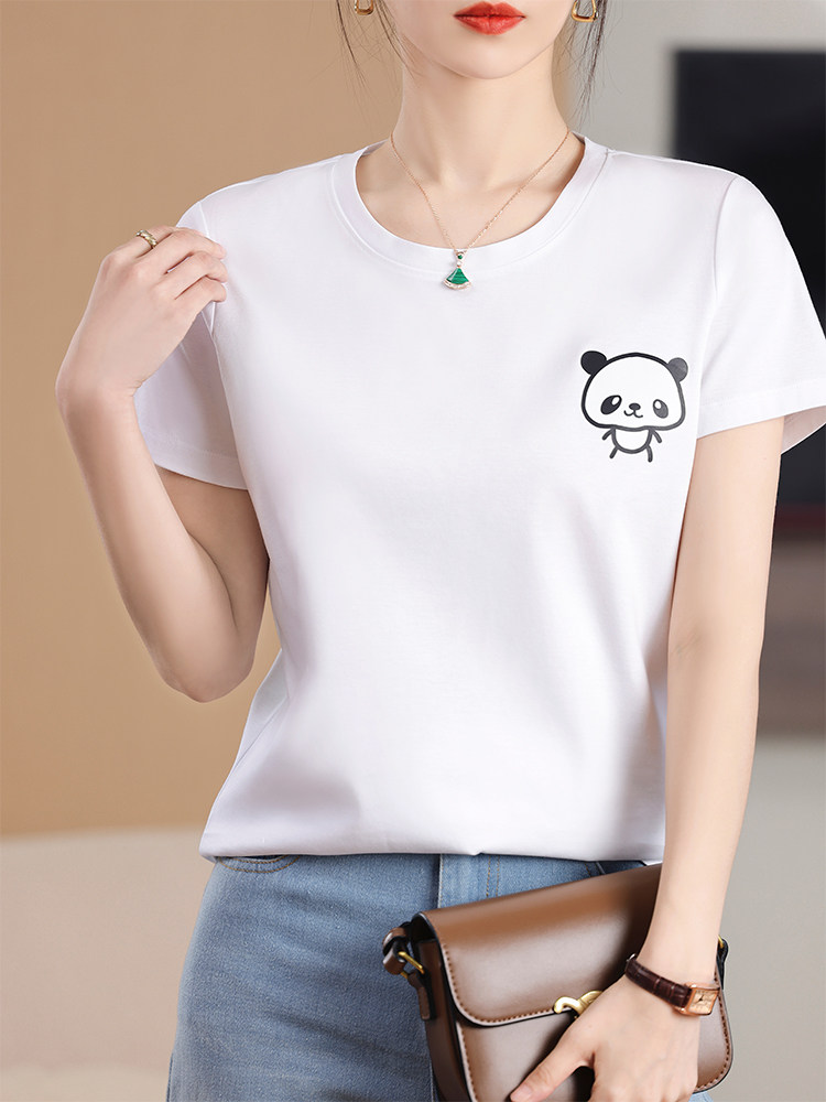 烫画熊猫工艺小众个性舒适棉T,女装T恤,元素羊绒