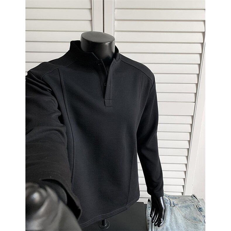 抖音得物品质美式高街重磅曼巴棉拼接cleanfit亨利领卫衣长袖T恤,男装T恤,电商A486