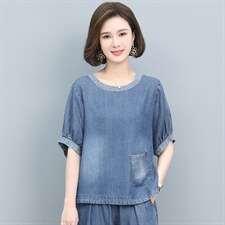 时尚宽松牛仔短袖T恤女夏季新款休闲百搭透气上衣，女装T恤，悦见她