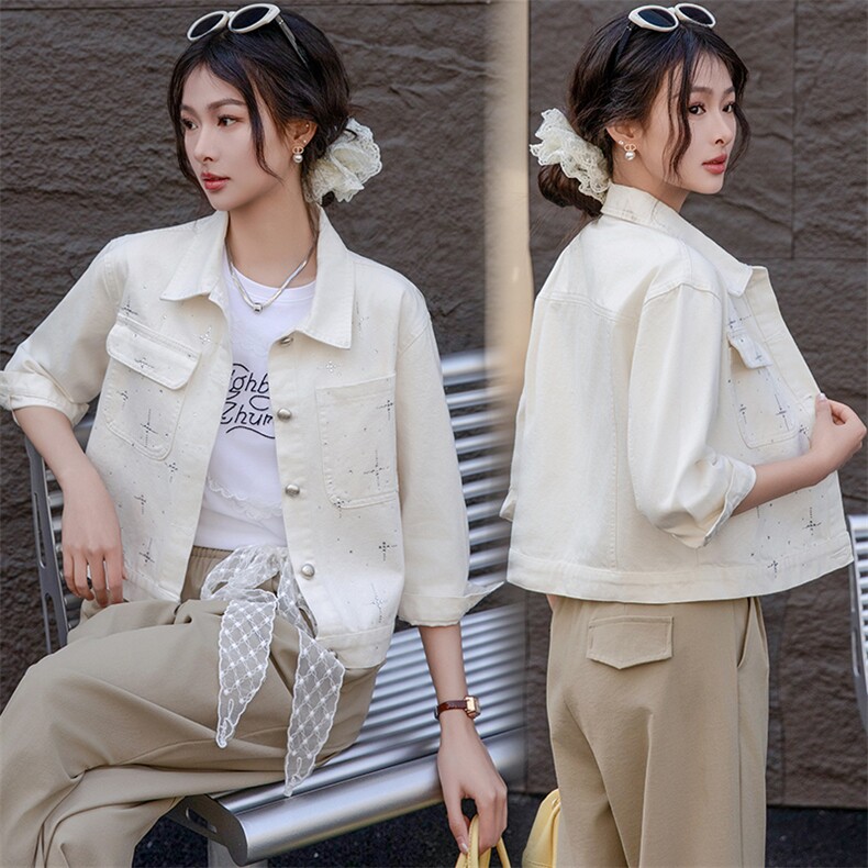 2025春季新款韩版时尚百搭重工铆钉烫钻牛仔外套复古做旧夹克上衣，女装牛仔外套，江南女神