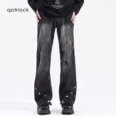 有货。铆钉牛仔裤子男渐变拼接工装伐木微喇裤RK3388-P50，男装牛仔裤，星座412-3