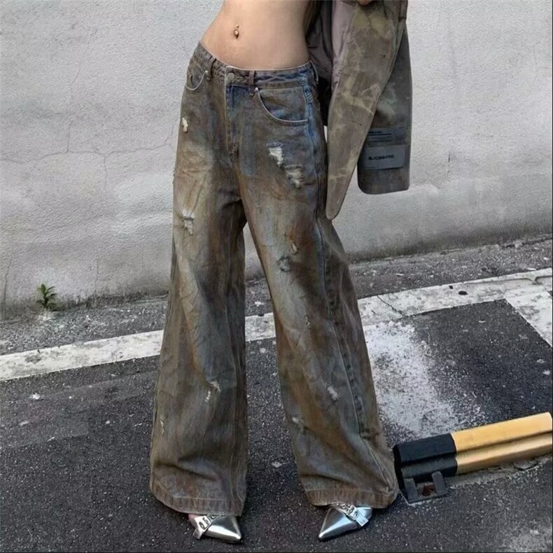 破洞牛仔裤男夏季薄款扎染美式hiphop阔腿裤高街复古宽松直,男装牛仔裤,星座506A