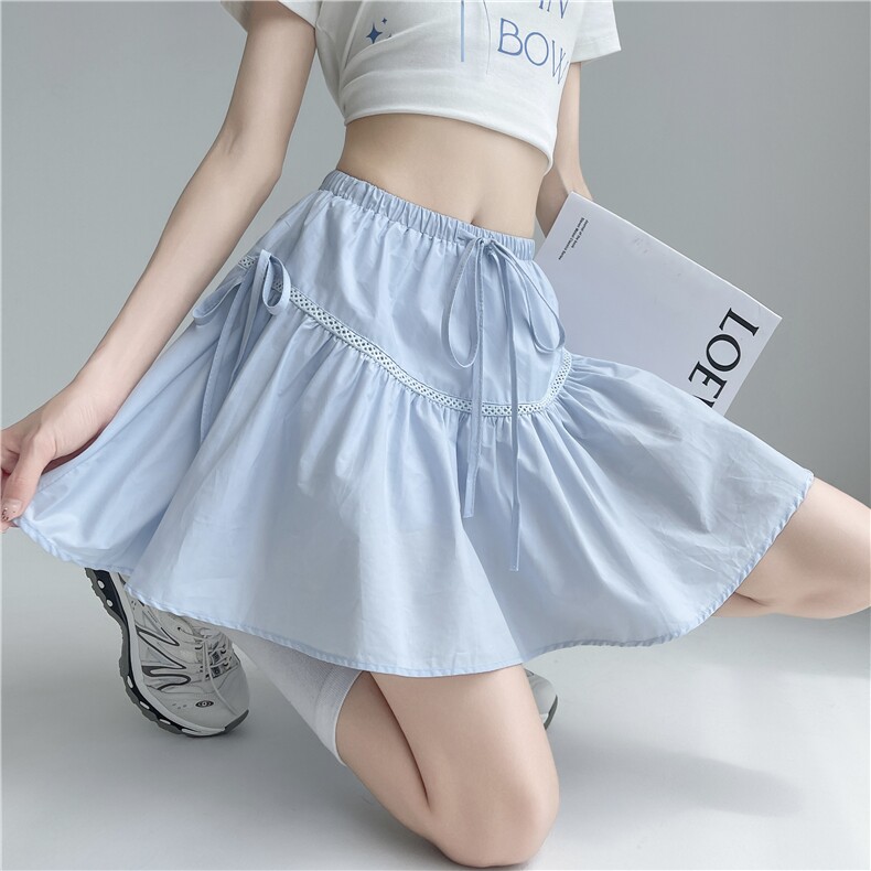 松紧腰系带宽松显瘦短裙女2024夏季新款百搭设计感蕾丝短裙子，女装半身裙，梦白服饰厂