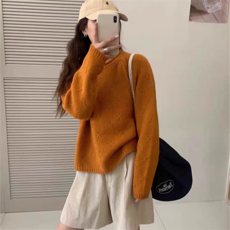 2025年秋季时尚百搭通勤简约休闲阿兰花卷边圆领，女装羊毛衫，旭驰羊绒