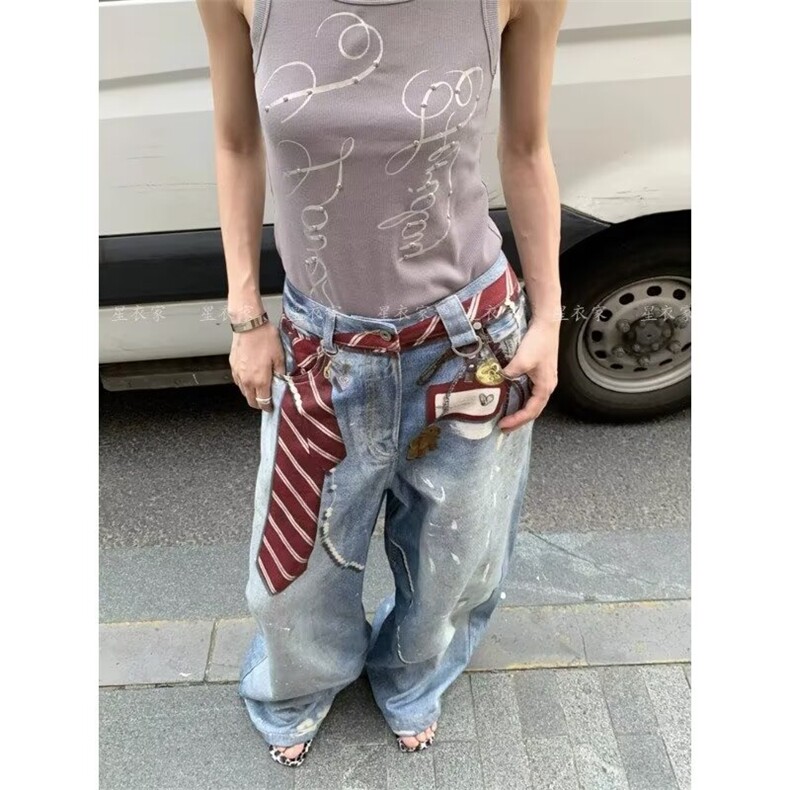 美式复古蓝弯刀破洞松紧腰牛仔裤女秋冬宽松阔腿裤扎染设计感长裤,男装牛仔裤,星座1210-1