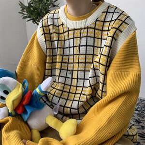 秋冬学院风小清新格子外搭毛衣背心男女宽松韩版打底衫T801图片