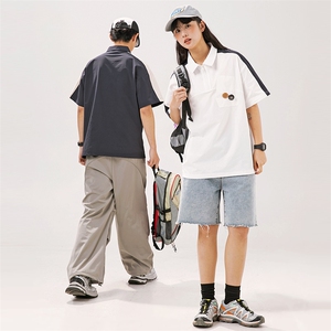 2024夏季新款男日系潮牌拼色polo衫宽松翻领短袖T恤PL66-F55图片