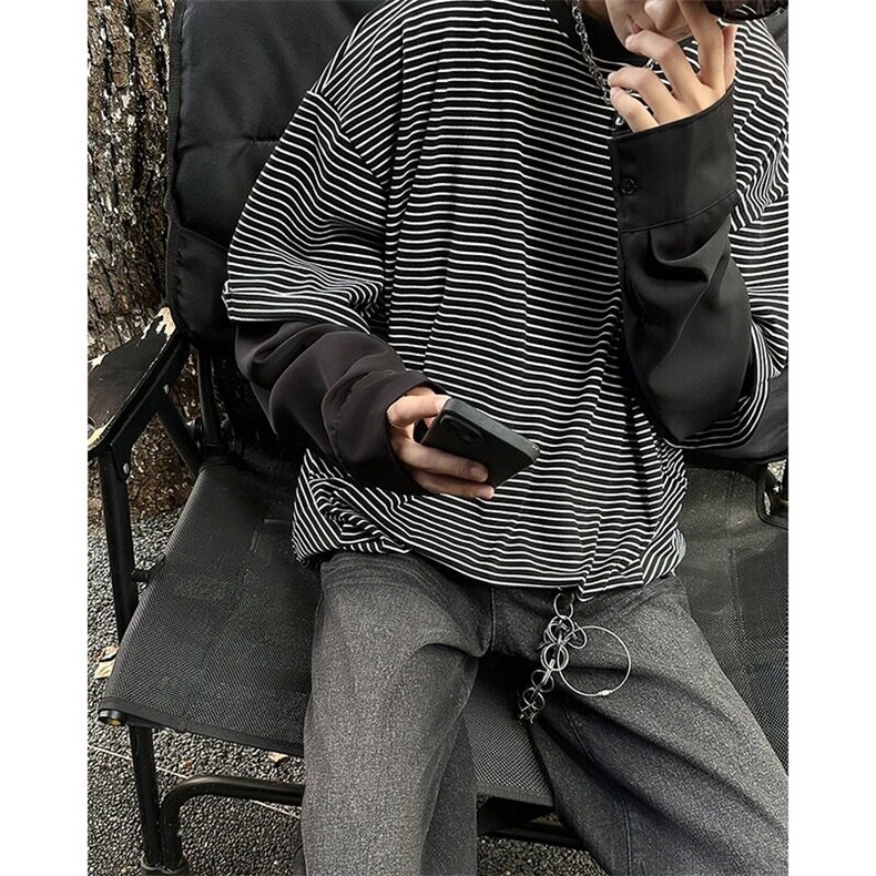 cleanfi条纹假两件卫衣男春秋美式潮牌拼接圆领长袖t恤ST492-P46,男装T恤,星座412-2