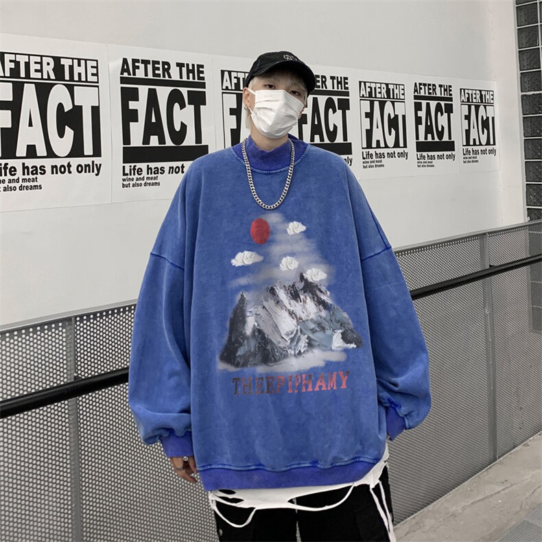水洗做旧加绒加厚卫衣男23冬高领风景油画打底衫XZ514-2-X52-P78,男装T恤,星座514-2(原B239)