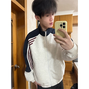 抖音得物高品质美式高街重磅结构织带拼接撞色立领卫衣外套CM41