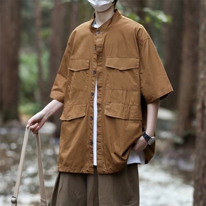 五分袖日系潮潮流男时尚标准纯色衬衫夏季工装短袖衬衫YC92P40图片