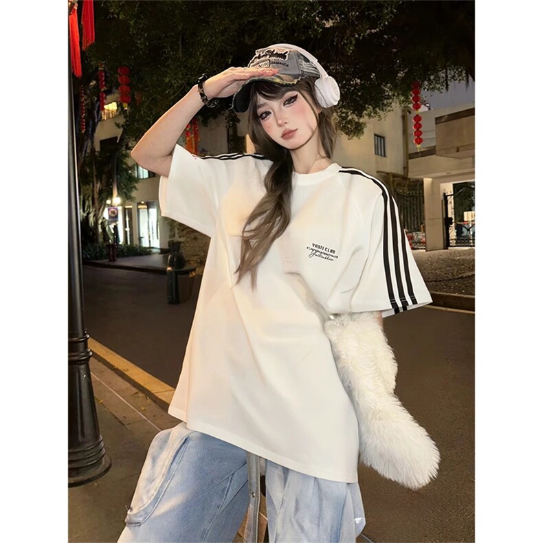 抖音得物供货240克宽松纯棉美式潮牌印花三杠全带短袖T恤AT1401,男装T恤,电商A443