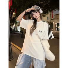 抖音得物供货240克宽松纯棉美式潮牌印花三杠全带短袖T恤AT1401，男装T恤，电商A443