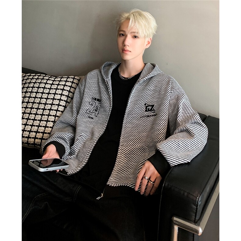 美式复古条纹连帽拉链卫衣ns男女情侣休闲DF风开衫JK106-P68图片