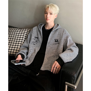 美式复古条纹连帽拉链卫衣ns男女情侣休闲DF风开衫JK106-P68图片