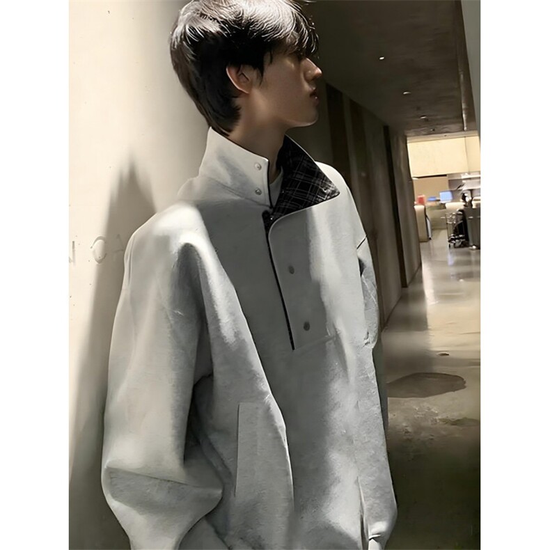 纽扣拼接格纹立领翻领卫衣男女春季设计独特宽松长袖上衣W212,男装卫衣,星座1116A（原606A-3）