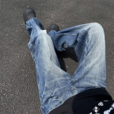美式高街vibe闪电爆裂纹蓝色牛仔裤男潮直筒微喇显瘦裤子~K9212，男装牛仔裤，星座601-2