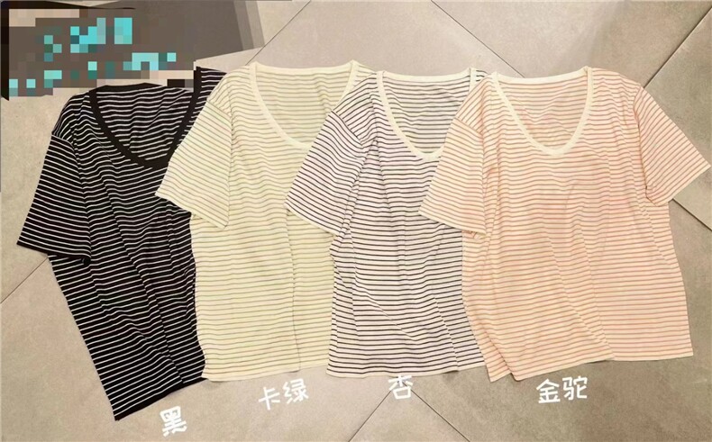 女士夏季简约百搭时尚舒适圆领条纹短袖,女装T恤,斯尔特羊绒
