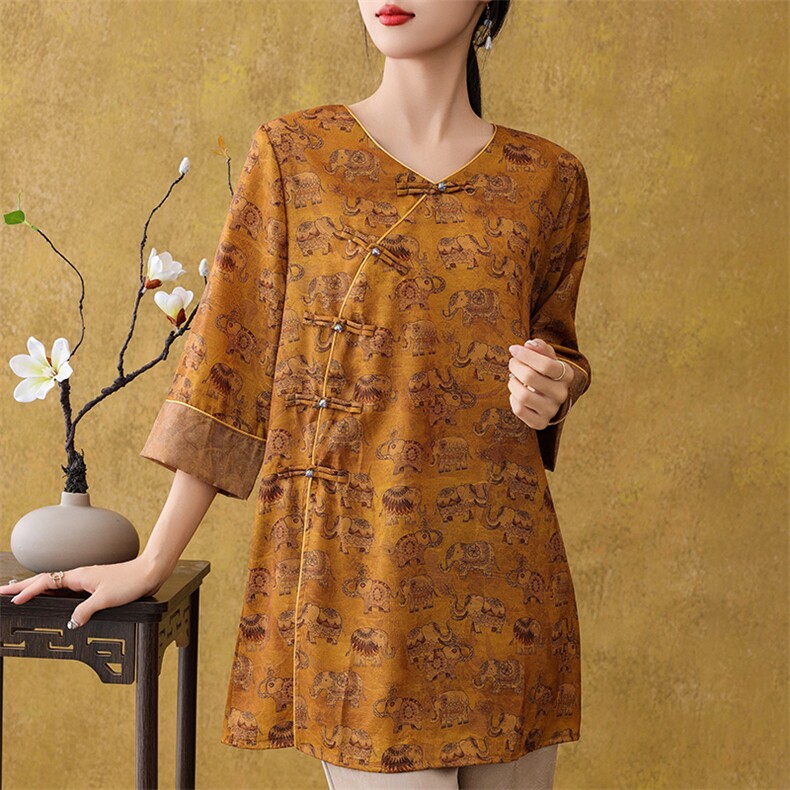 新中式国风盘扣七分袖香云纱上衣改良缎面小衫中长款旗袍短袖t恤，女装衬衫，朝贺羊绒