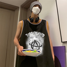 港风纯棉夏季休闲拼色螺纹印花网眼篮球背心男女T6930P35控48，男装背心/马甲，电商A268A