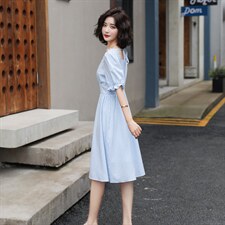 韩版气质格纹方领泡泡袖连衣裙，女装连衣裙，韩蔻秀