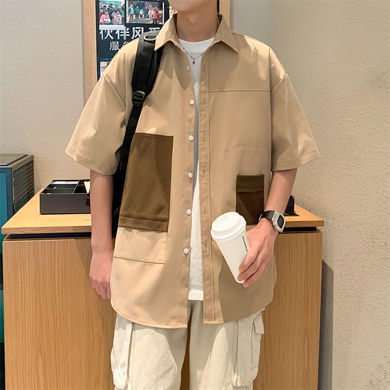 24年港风夏款工装拼接宽松短袖衬衫男CS106P45,男装衬衫,星座1204-3
