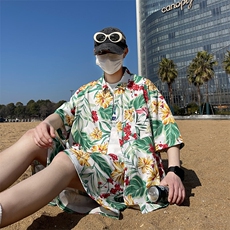 夏日大码套装宽松花衬衫男短袖痞帅休闲上衣两件套衣25裤20/TP45，男装衬衫，电商A012