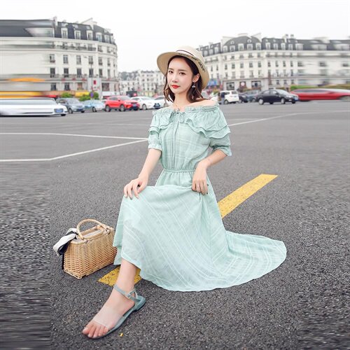 酷伽收腰中长款连衣裙女装新款喇叭袖娃娃群甜美荷叶边6802,商品下架区,妙形