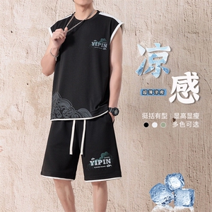 无袖背心男短袖T恤套装大码五分短裤两件套217-2-TZ07-特P50图片